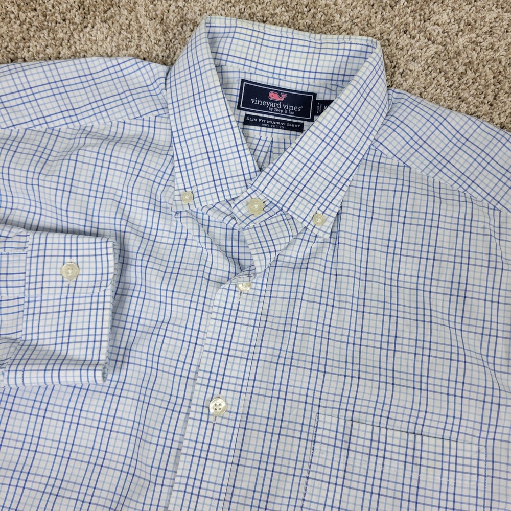 Vineyard Vines Slim Fit Murray Mens XL White Blue Check Button Down LS